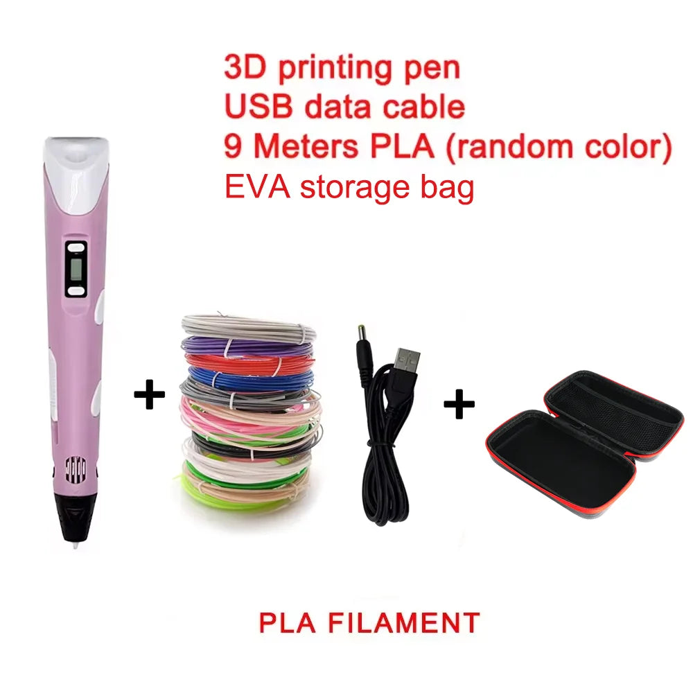 Pink 3D printing pen set with USB cable, PLA filament, and storage bag
