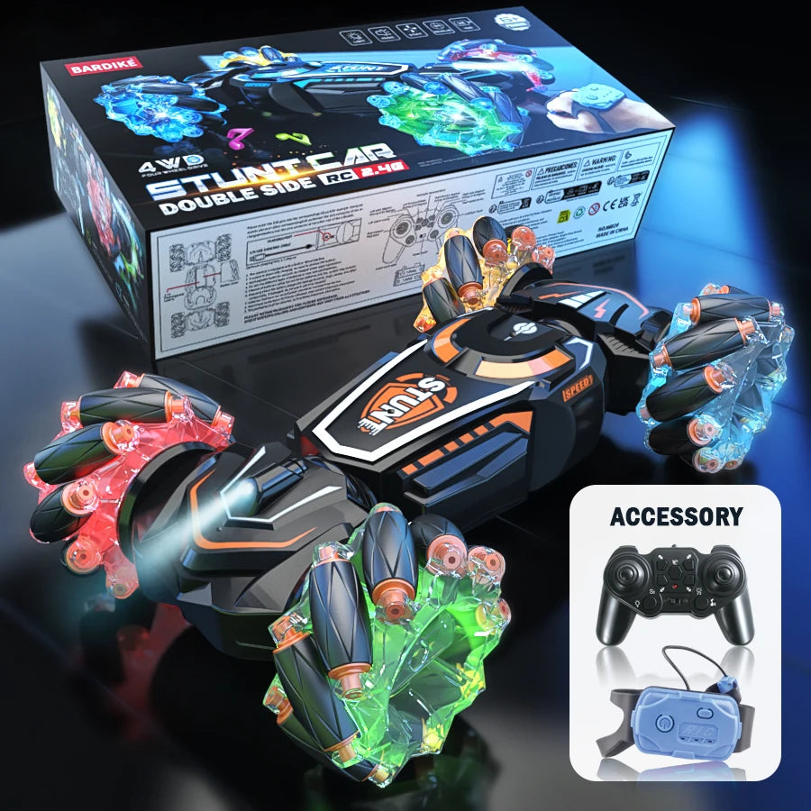 Toy car with LED lights and controller, featuring a box in the background.