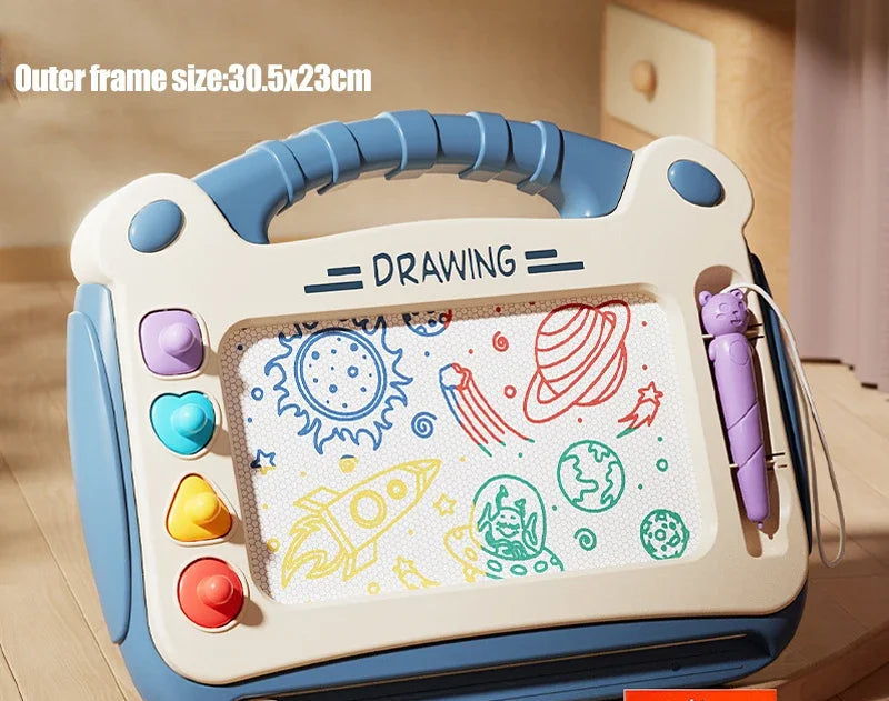 Children's drawing board with Blue frame and colorful drawings.