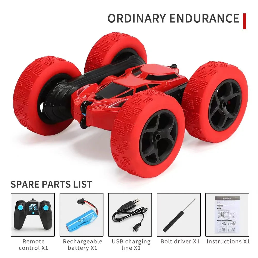 Red remote control car with spare parts list on a white background