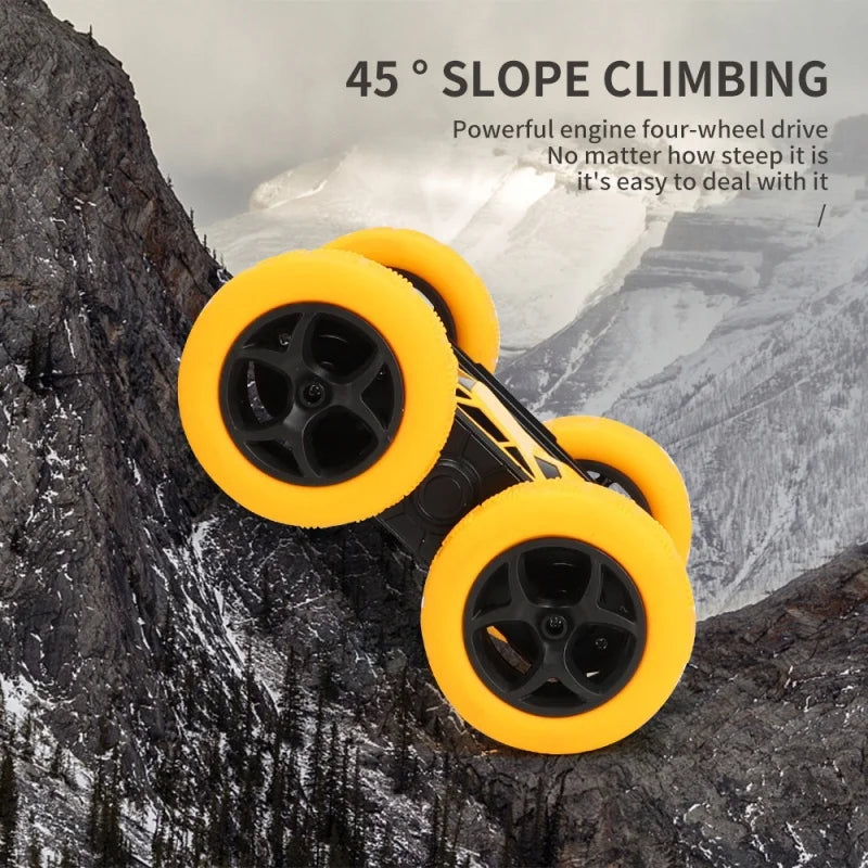 Toy car with yellow wheels climbing a rocky slope, with text about its climbing capabilities.