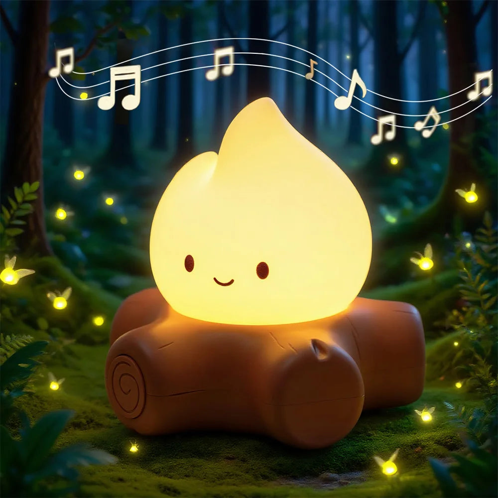 Cute lamp shaped like a flame with musical notes in a forest setting