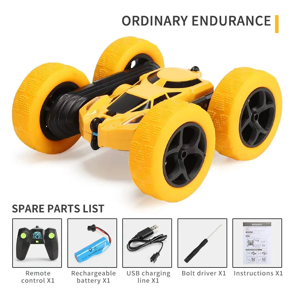Yellow toy car with spare parts list on a white background