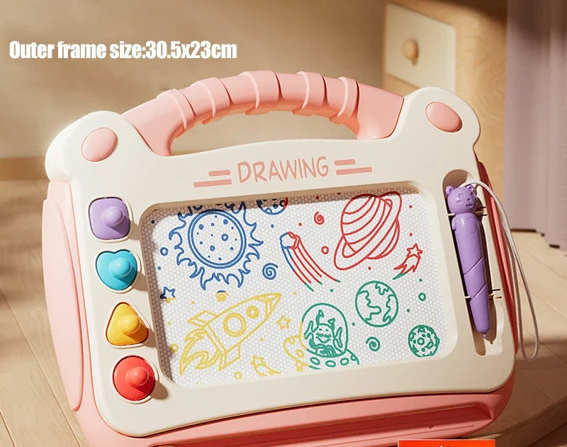 Children's drawing board with Baby pink frame and colorful drawings.