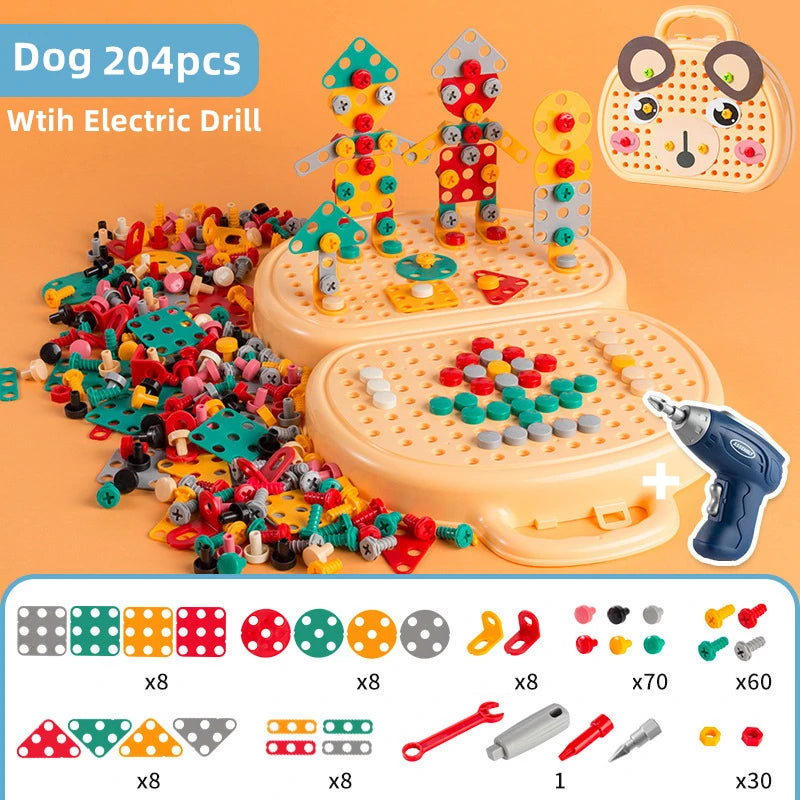Children's building block set with electric drill on an orange background