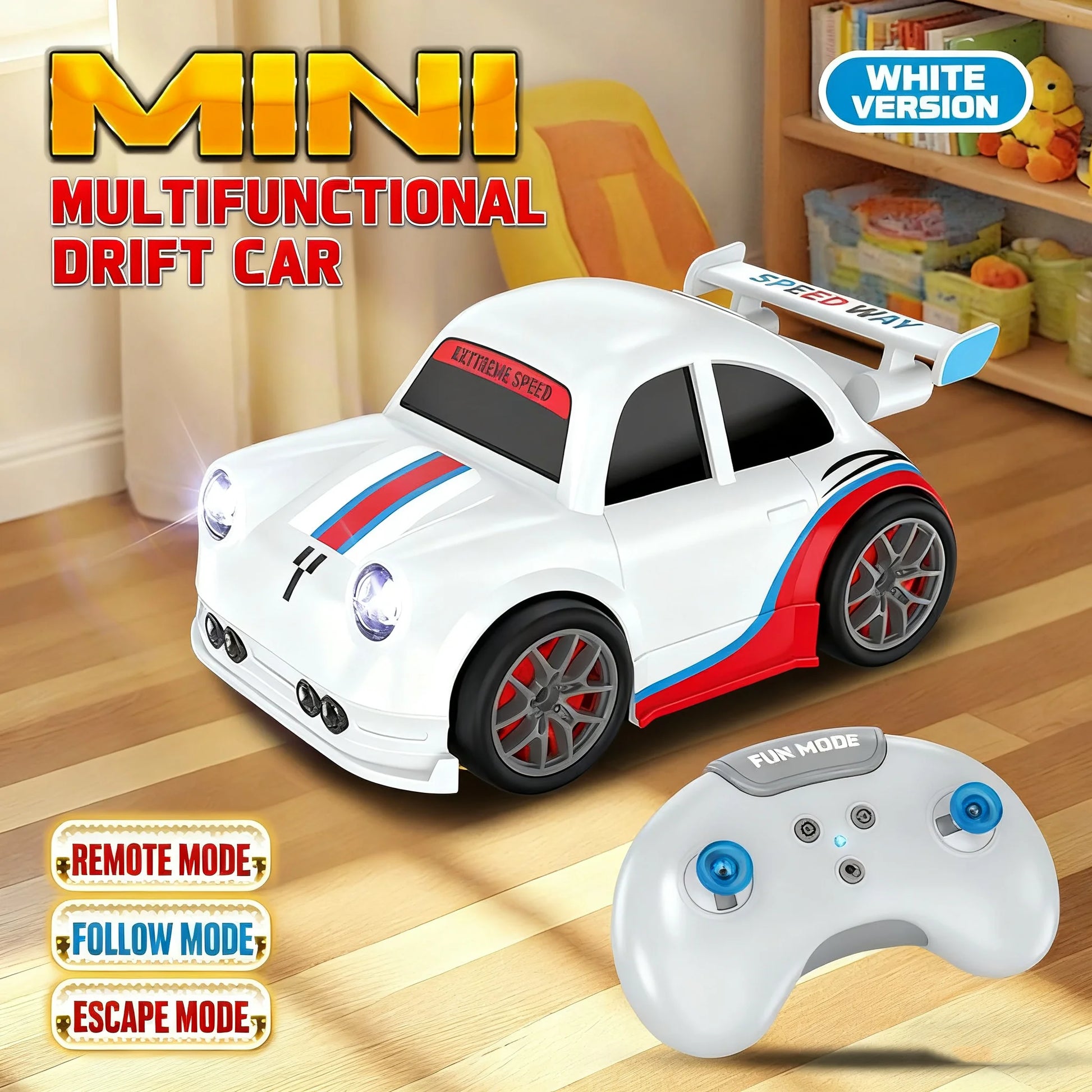 Mini multifunctional drift car with remote control on a wooden floor