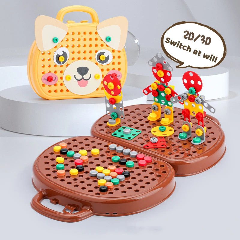 Children's Montessori diy engineering educational toy set with colorful building blocks and a bear-shaped carrying case on a white background.