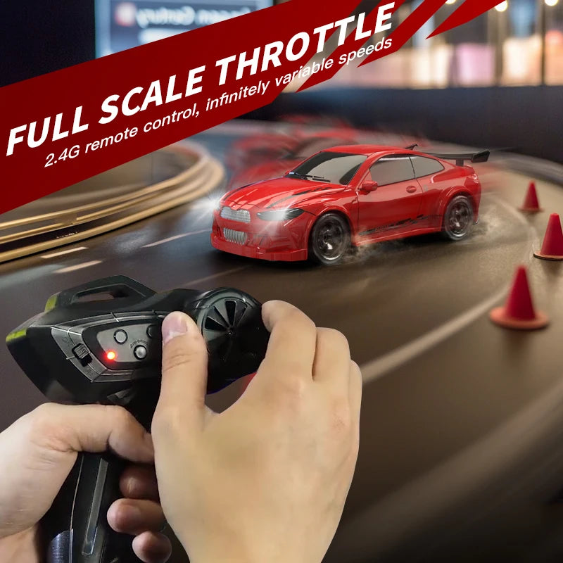 Red remote control car on a track with a person holding a controller, featuring text about full scale throttle and remote control.