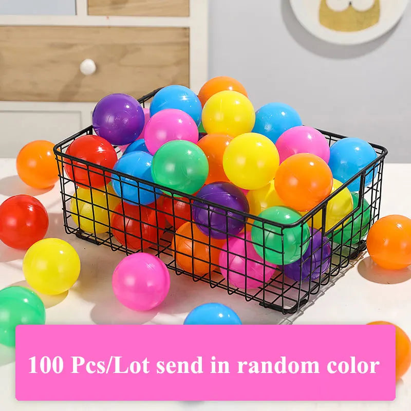 Basket filled with colorful plastic balls on a light surface.