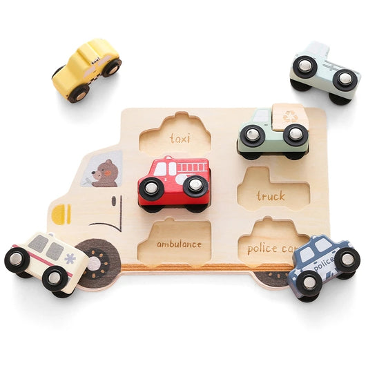 Montessori Wooden Traffic Car Toy - Educational & Sensory Puzzle for Toddlers | Early Learning Traffic Car Toy for Baby | Finger Fine Motor Skills Development | Newborn Baby Gift