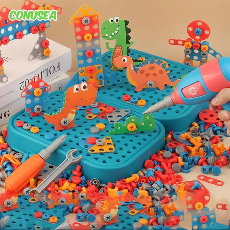 Children's diy construction set with colorful building blocks, tools, and dinosaur figures on a pegboard.