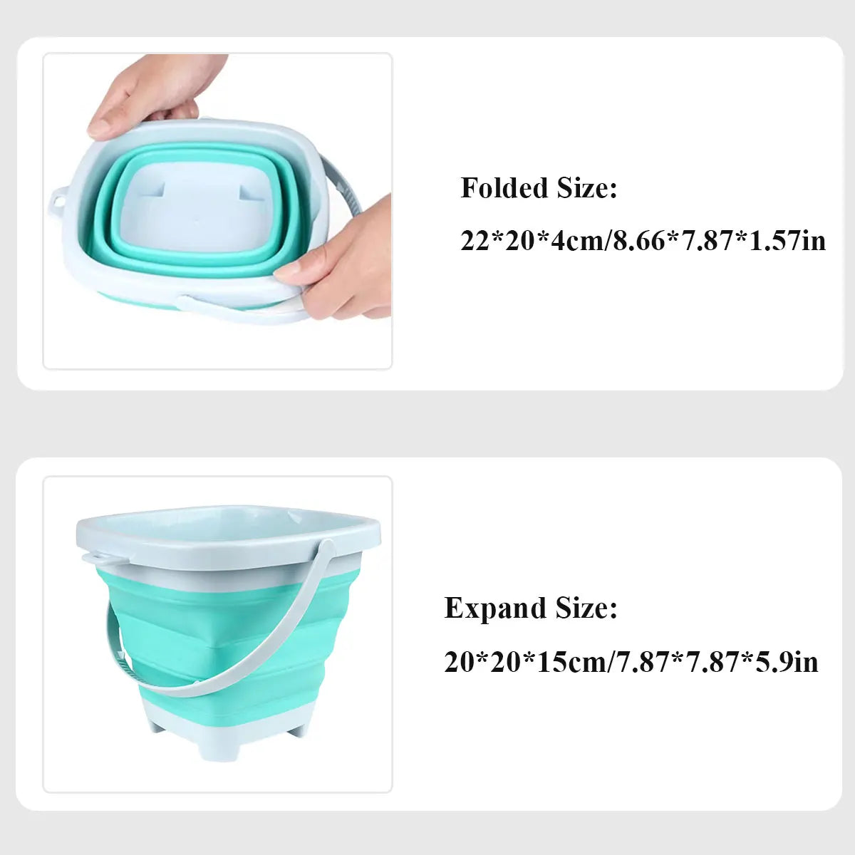 Collapsible teal bucket with dimensions displayed on a white background