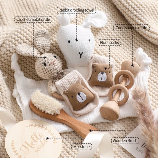 Premium Baby Gift Set – Newborn Bath Toy, Drool Towel, Wooden Rattle & More | Perfect for Baby Showers & New Parents