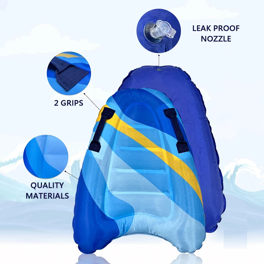 Blue and yellow inflatable bodyboard with features highlighted on a light blue background