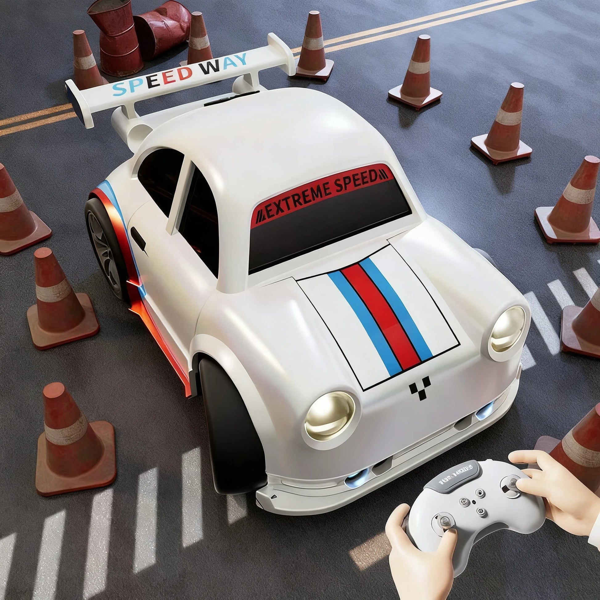 Toy car with 'Extreme Speed' on a track surrounded by traffic cones, controlled by a hand with a remote.