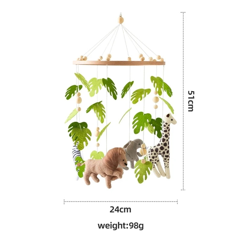 felt Children's crib mobile with animals and leaves.