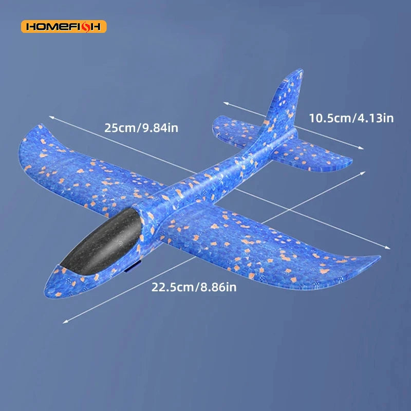 Blue toy airplane with measurements.