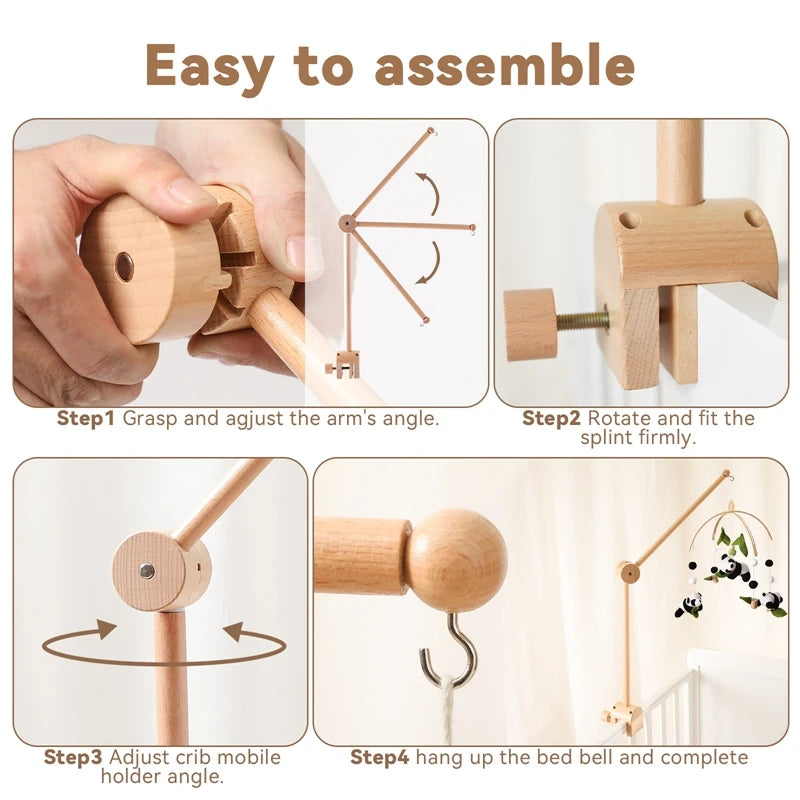Step-by-step assembly instructions for a wooden crib mobile holder.