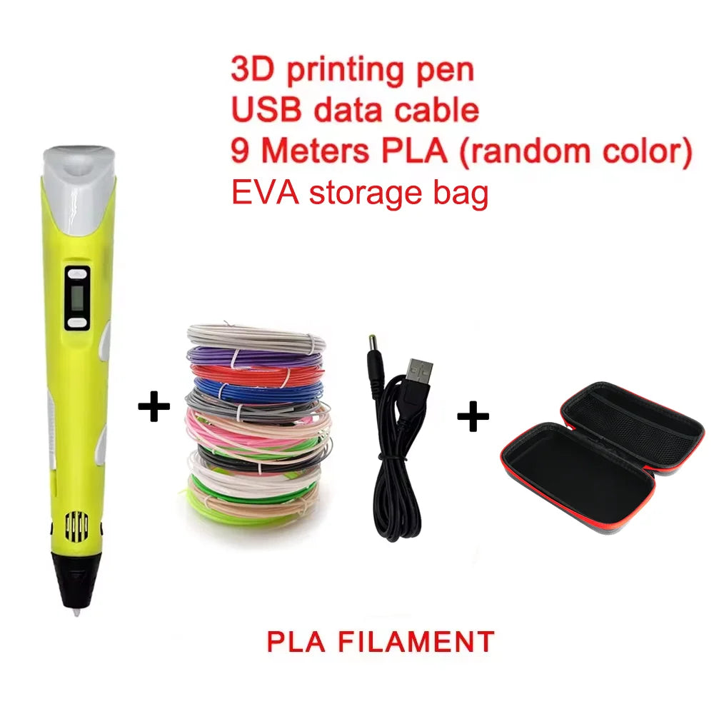 Yellow 3D printing pen set with USB cable, PLA filament, and storage bag