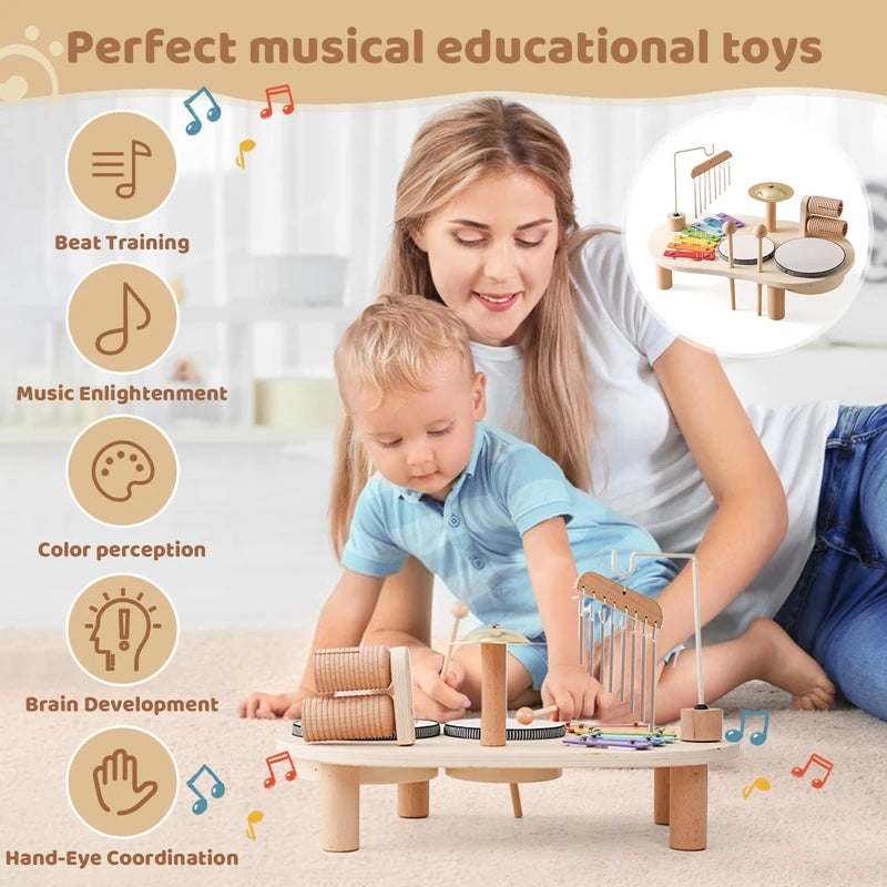 Woman and child playing with a wooden educational toy on a carpeted floor.