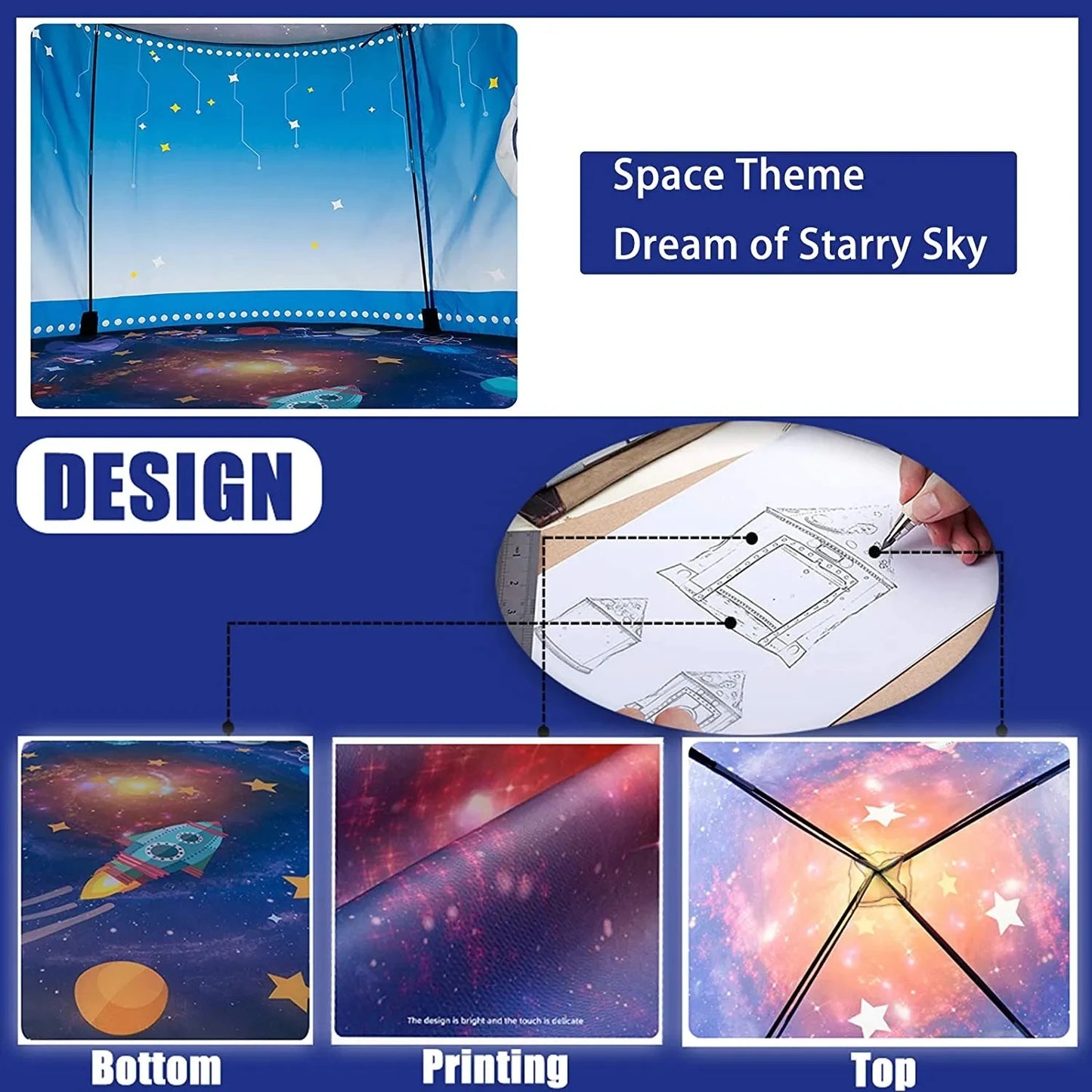 Space-themed trampoline with starry sky design, showing top, bottom, and printing views.