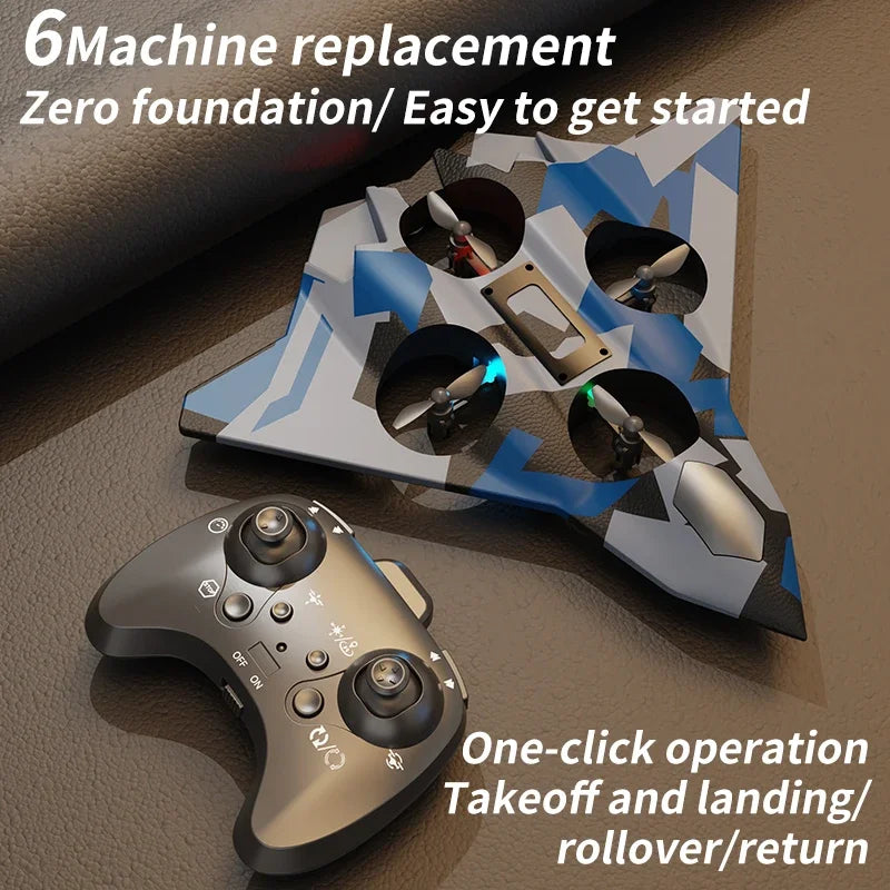 Drone with controller on a brown surface, featuring text about drone features.