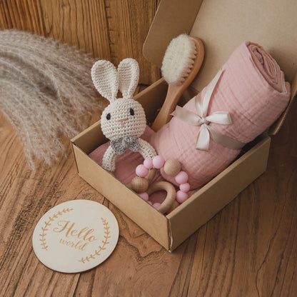 Premium Baby Gift Set – Newborn Bath Toy, Drool Towel, Wooden Rattle & More | Perfect for Baby Showers & New Parents