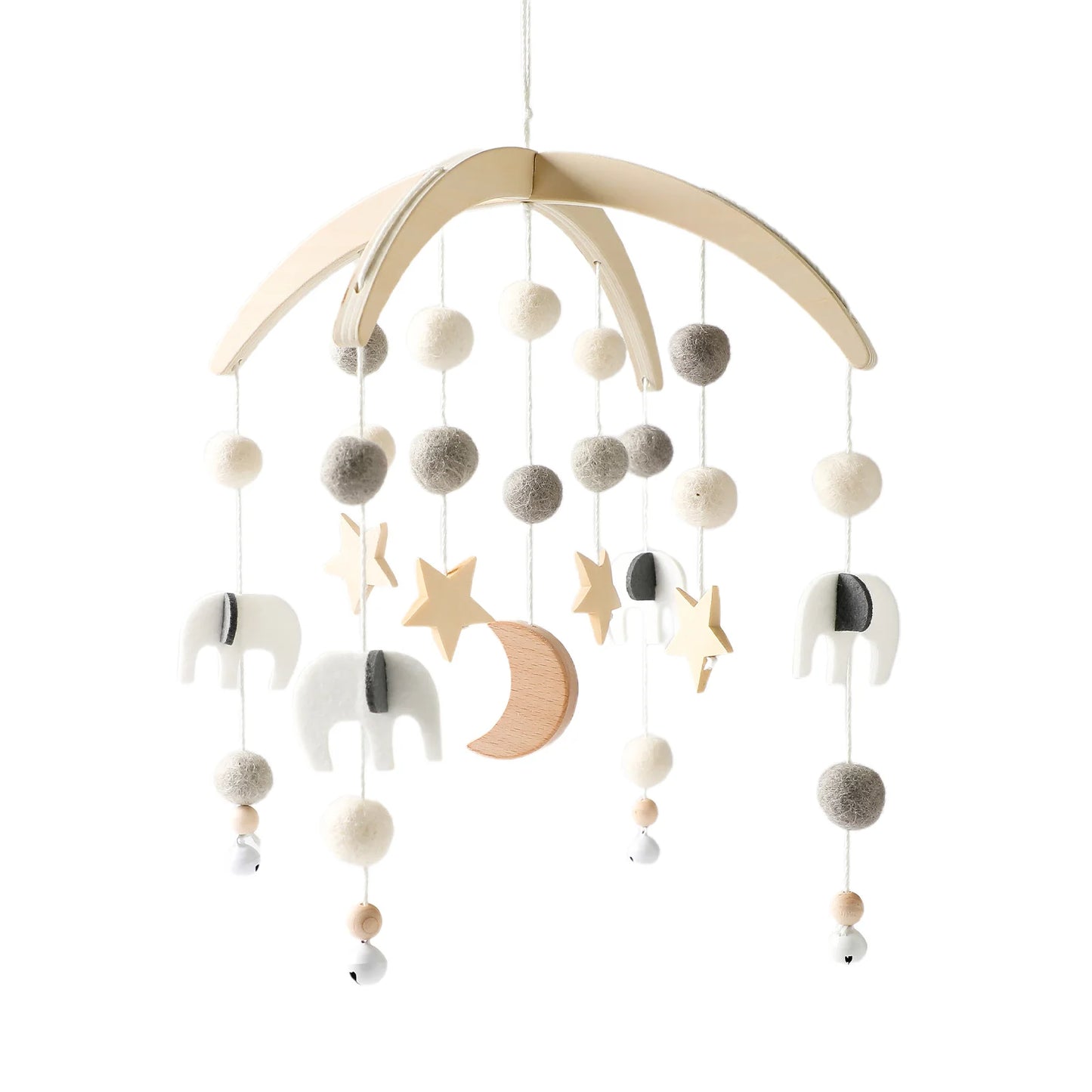 felt and wood Baby crib mobile with hanging elements.