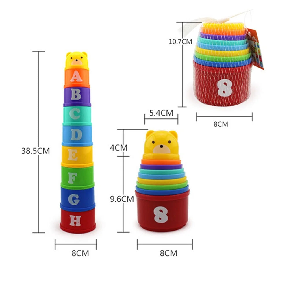 Colorful stackable cups with letters and numbers, shown with measurements on a white background.