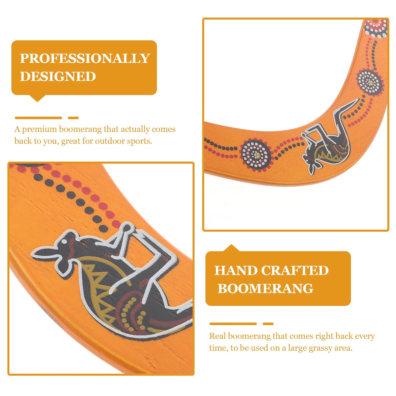 Handcrafted boomerang with decorative patterns.