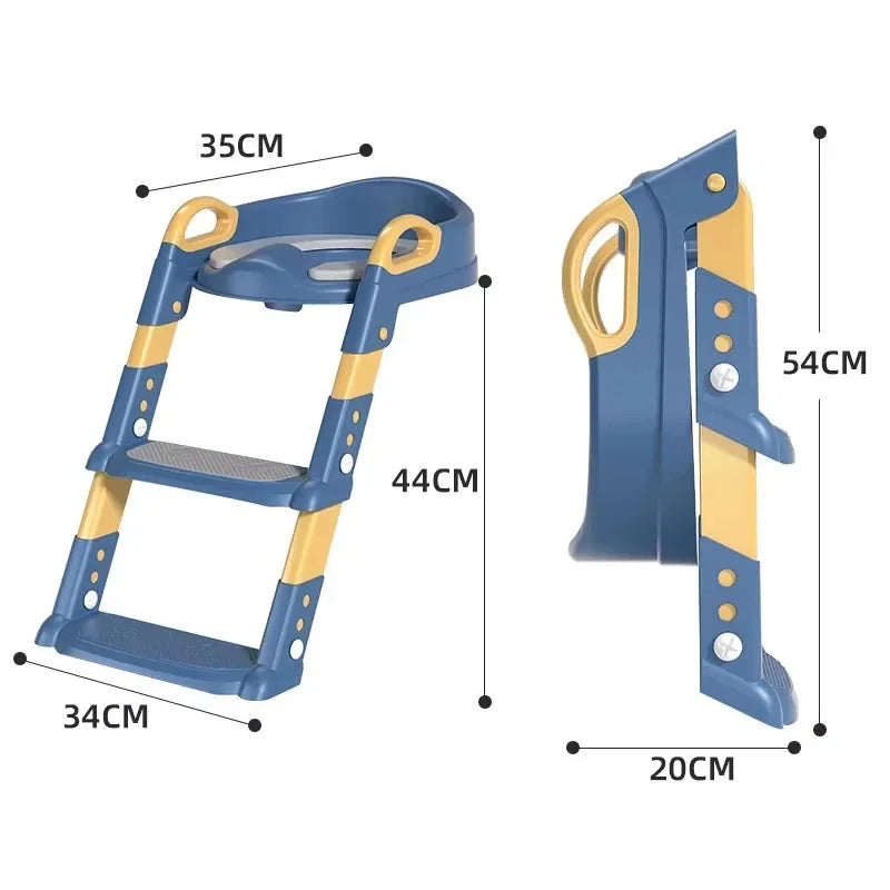 Blue and yellow step ladder with measurements on a white background