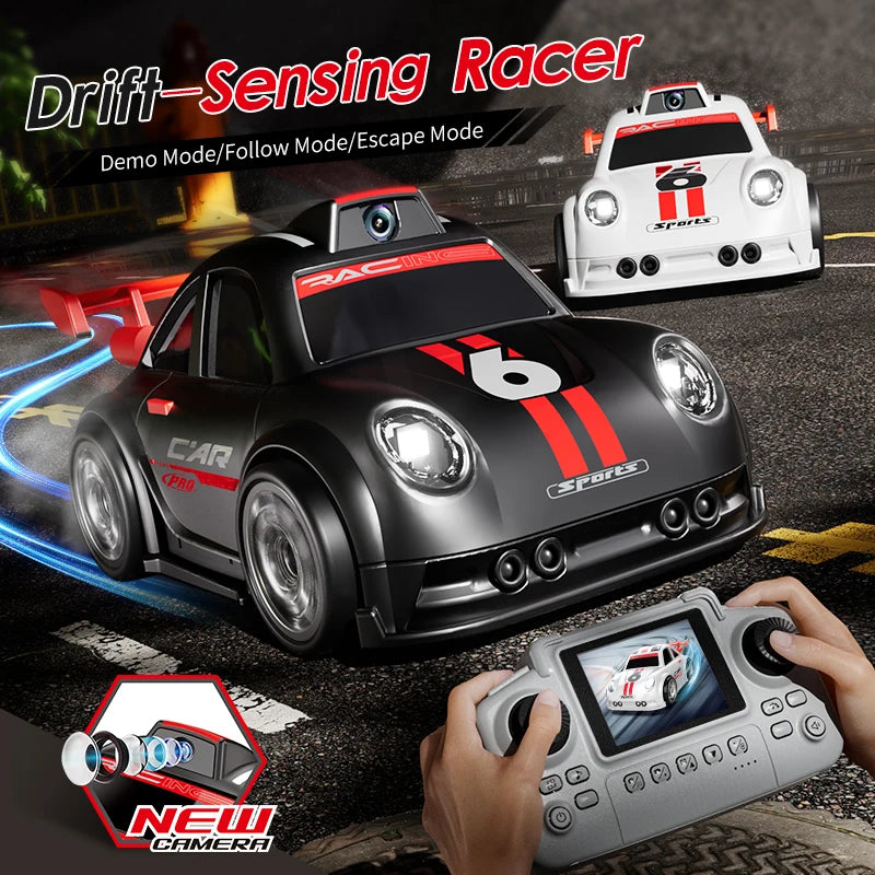 Toy car with remote control on a racing track, featuring 'Drift-Sensing Racer' text.