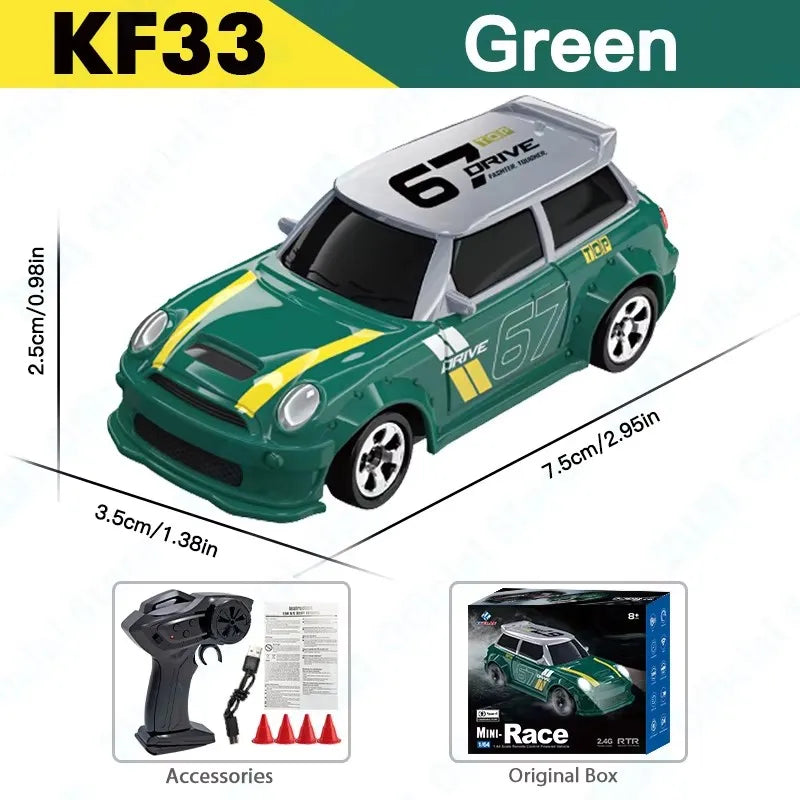 Green toy remote controlled Drift car with USB charging feature and accessories
