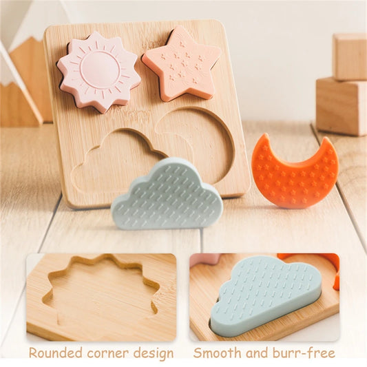 Montessori Puzzle Wooden Silicone Toy - Star, Moon, Sun, Cloud Shape Matching | BPA-Free Silicone Teething Toy for Babies | Educational & Developmental Toy for Toddlers (0-6 Years)