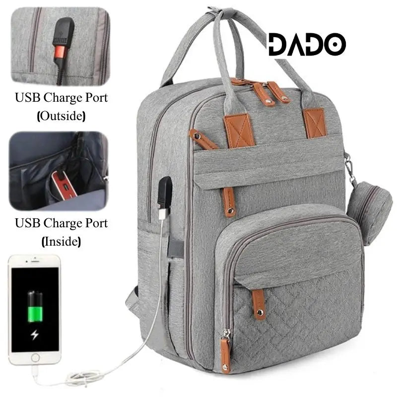 Gray backpack with USB charge ports on a white background, featuring the brand 'DADO'.