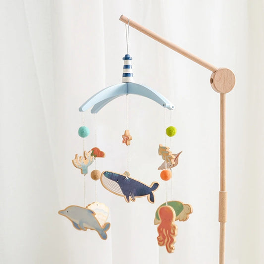 Baby Rattle Toy 0-12 Months – Wooden Crib Mobile with Music Box, Felt & Crochet Hanging Toys, Infant Bed Bell & Crib Toy Holder