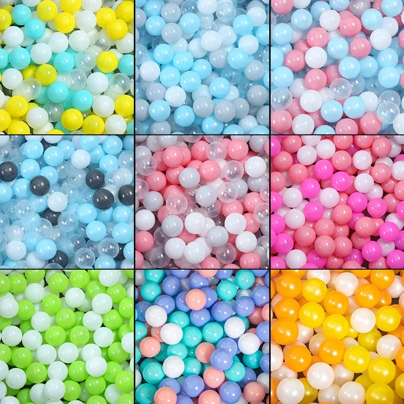 Grid of colorful ball pit balls in various pastel shades.