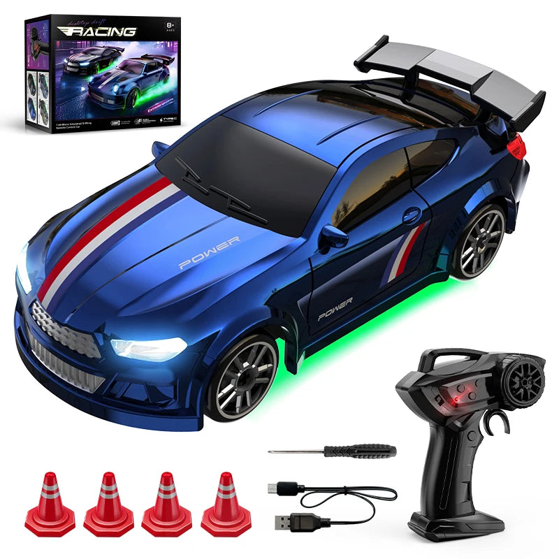 Blue toy racing Drift car with remote control, cones, and USB cable.