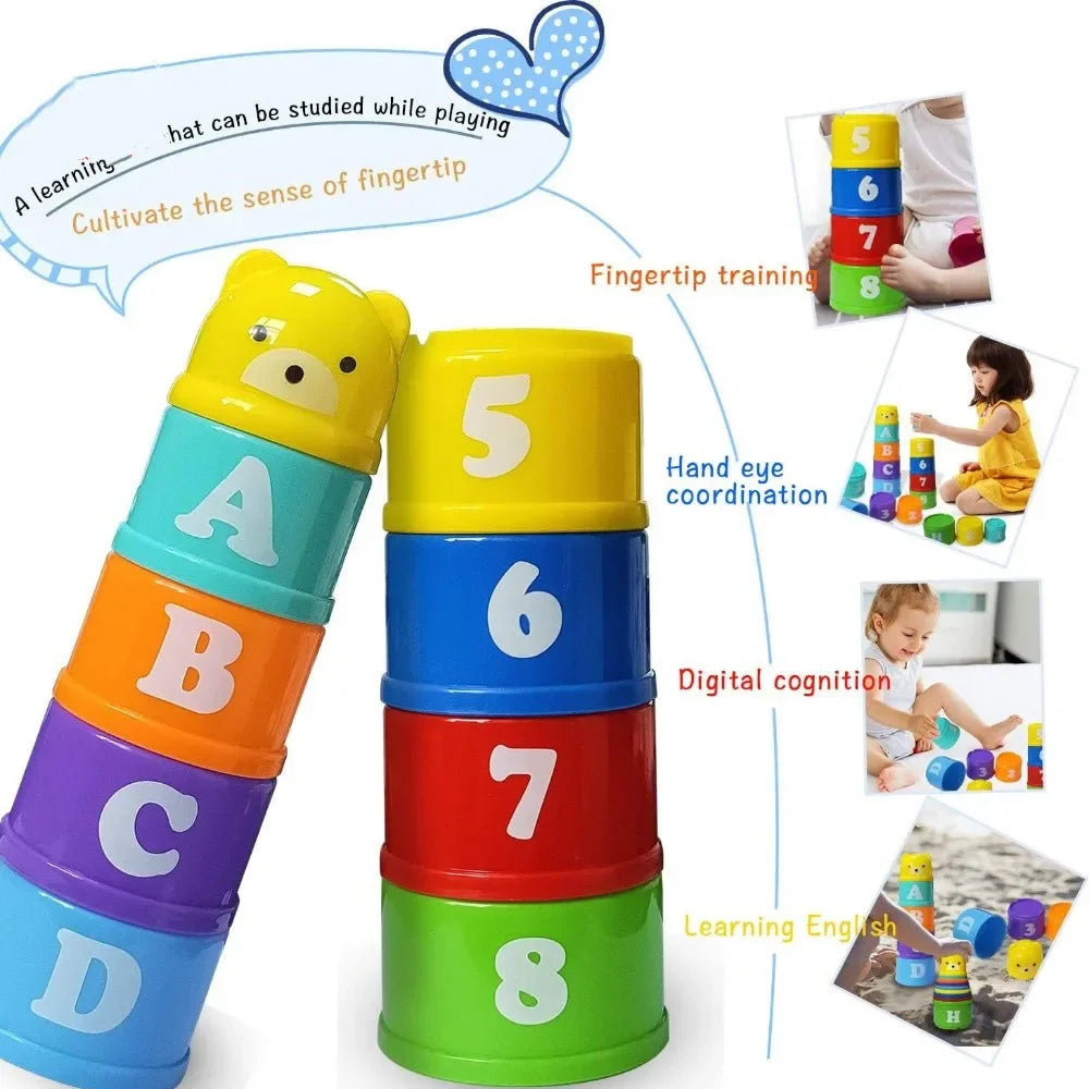 Colorful stack of educational toy cups with numbers and letters, featuring text on benefits.