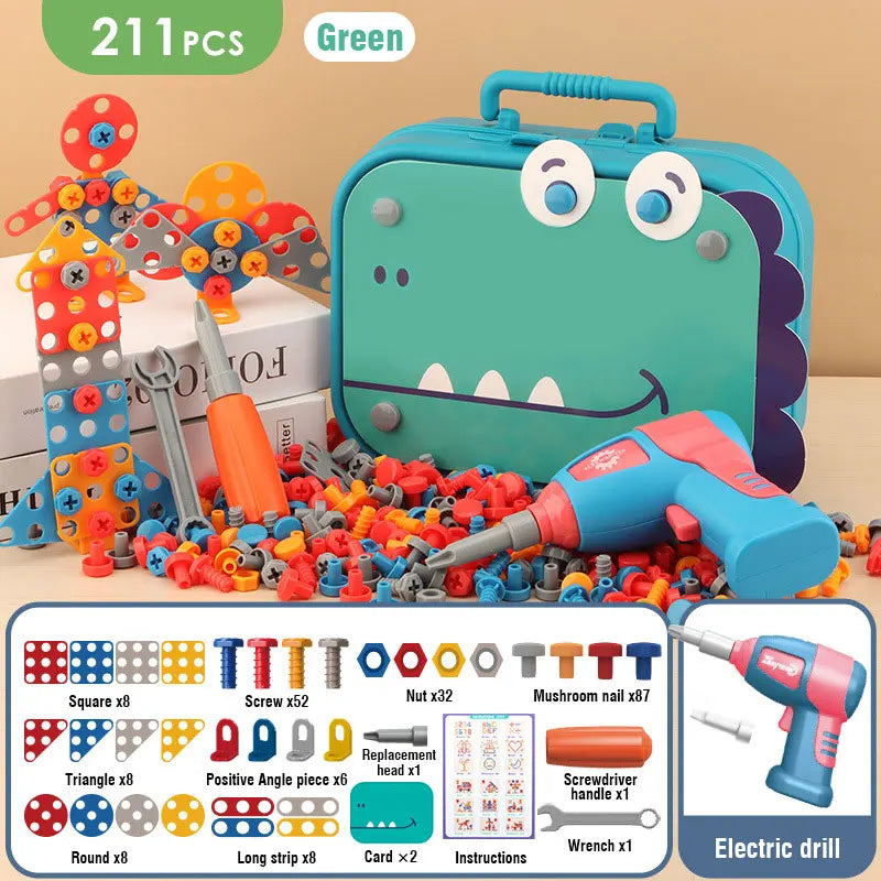 Children's tool set with colorful tools and a dinosaur-shaped toolbox on a beige background.