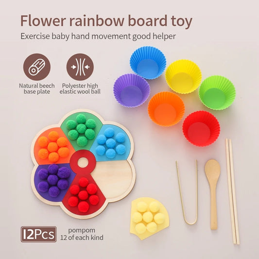 Wooden Montessori Color Sorting Toy – Flower Rainbow Board for Toddlers | Sensory Toy for Fine Motor Skills, Color Recognition & Early Learning