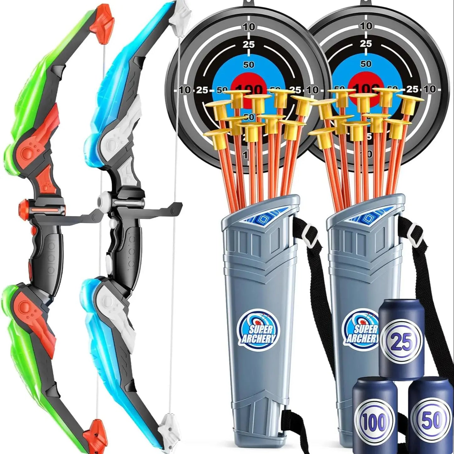 Two Archery toy set with bows, arrows, quivers,  targets and cans.