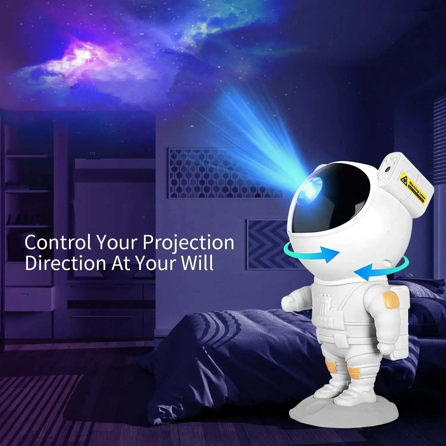 Astronaut toy projecting a colorful sky with stars and clouds on a ceiling.