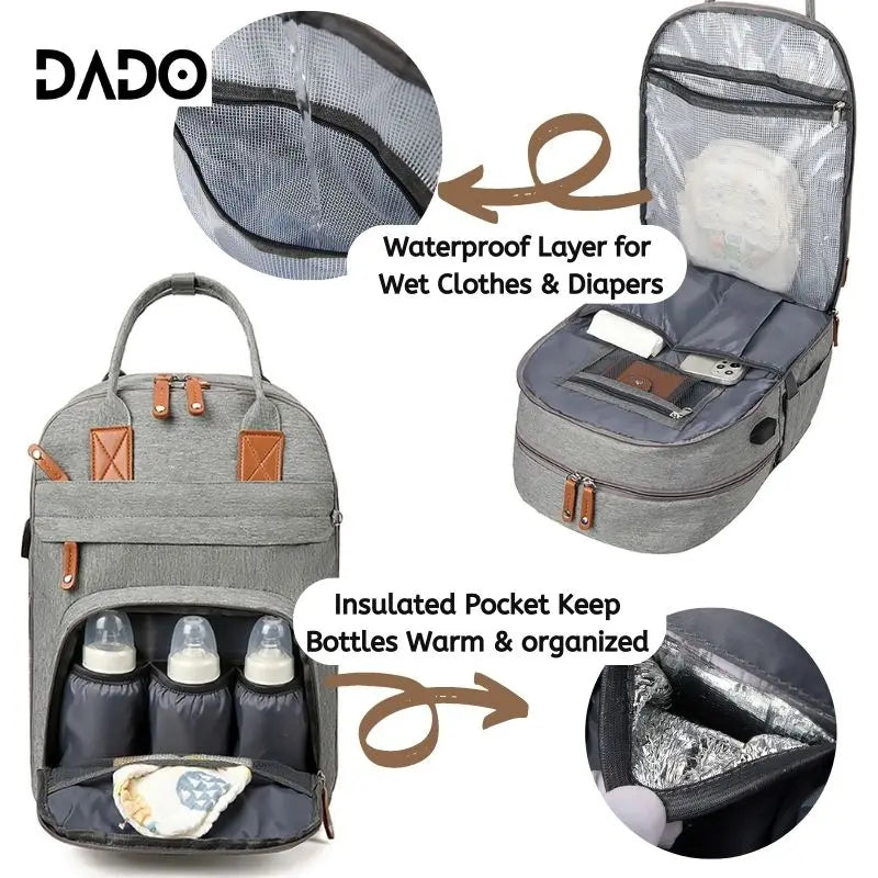 Gray diaper bag with waterproof layer and insulated pocket for bottles, featuring DADO branding.