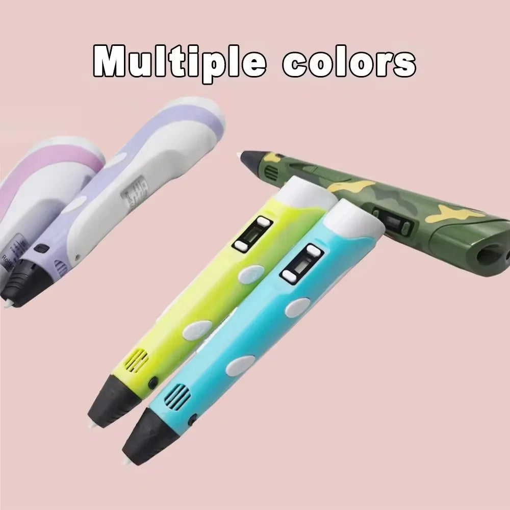Three colorful 3D printing pens on a pink background with 'Multiple colors' text.