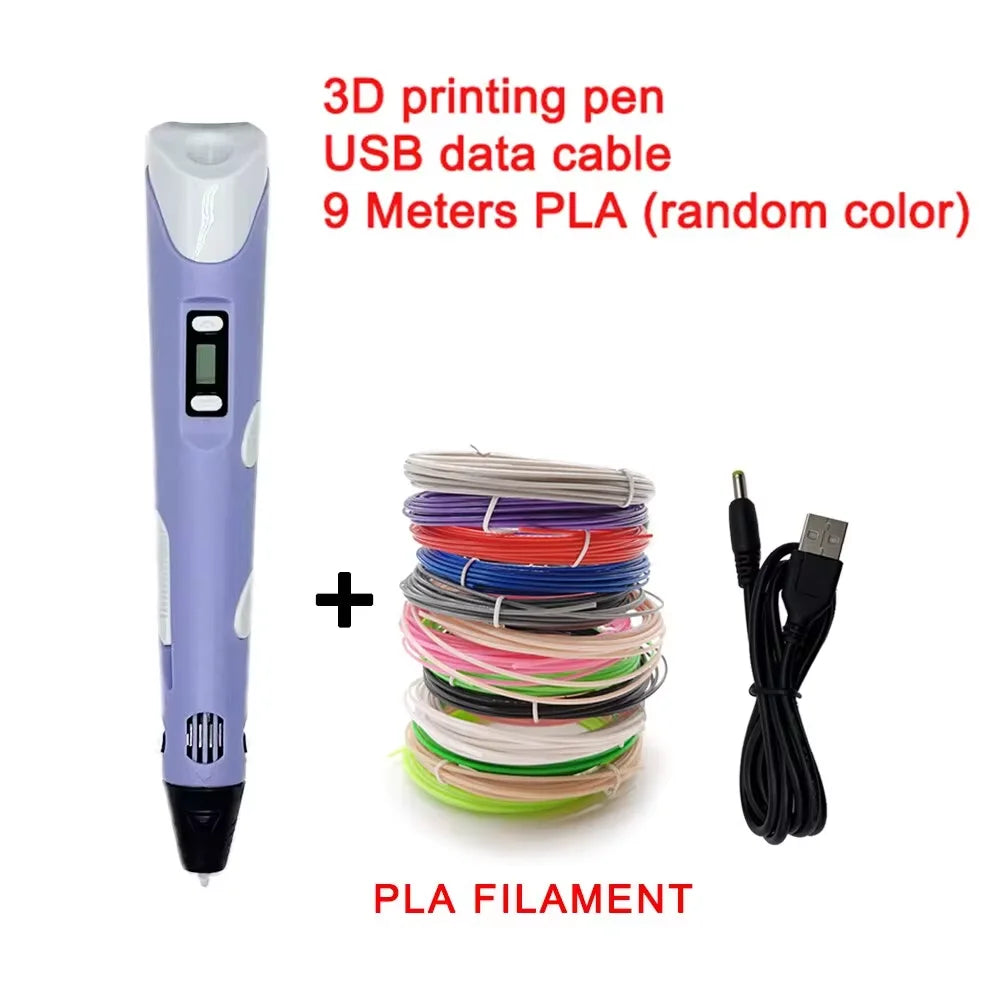 Purple 3D printing pen set with USB cable, PLA filament