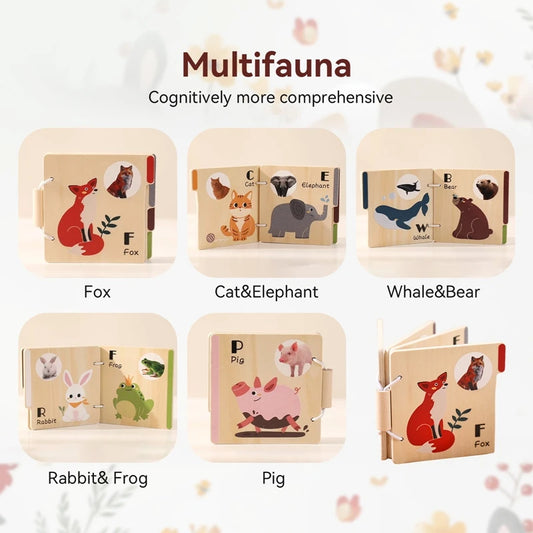 0–36 Month Baby Early Learning Wooden Animal Book – Montessori Educational Toy for Newborns & Toddlers